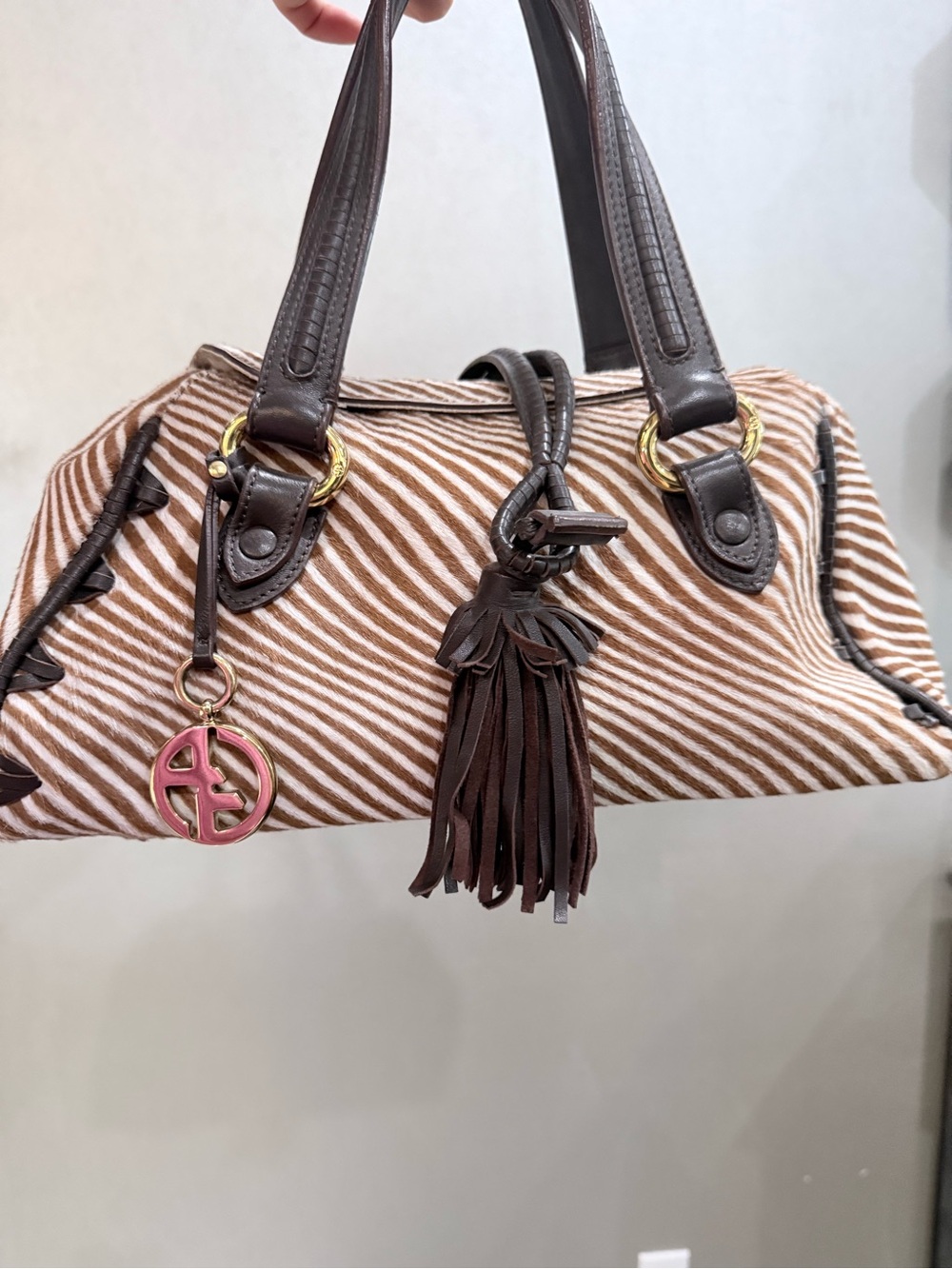 Giorgio Armani Brown & Cream Striped Tassel Shoulder Bag
